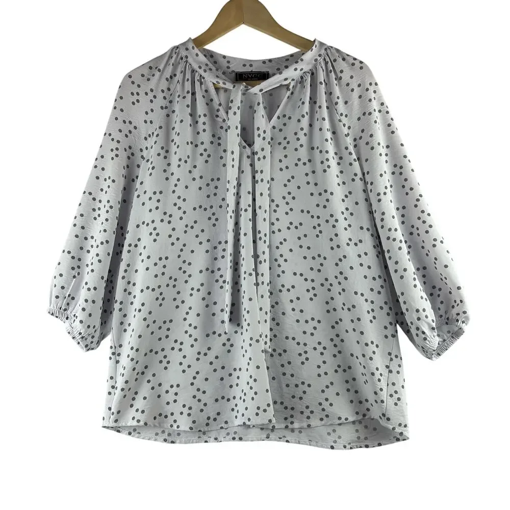 NYCC Popover Polka Dot Blouse Top Womens Large Tie Neck Grey White Twee Playful